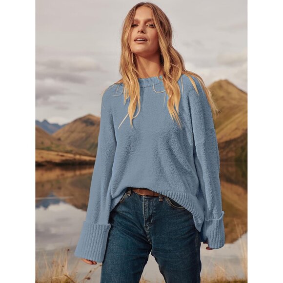 Women's Oversized Sweater Fuzzy Lake Blue Long Sleeve Casual Chunky Pullover - Picture 6 of 8